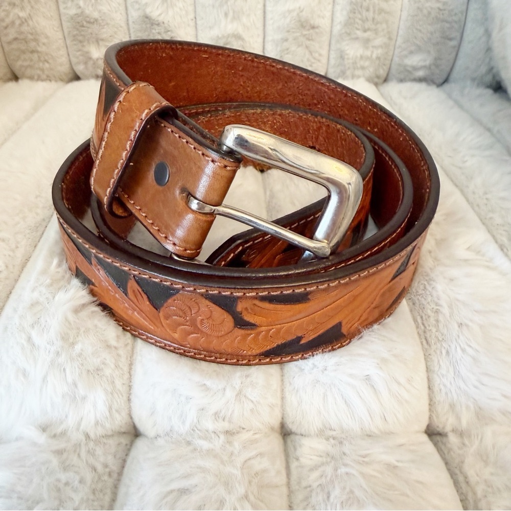 Tooled Leather Western Belt - Brown